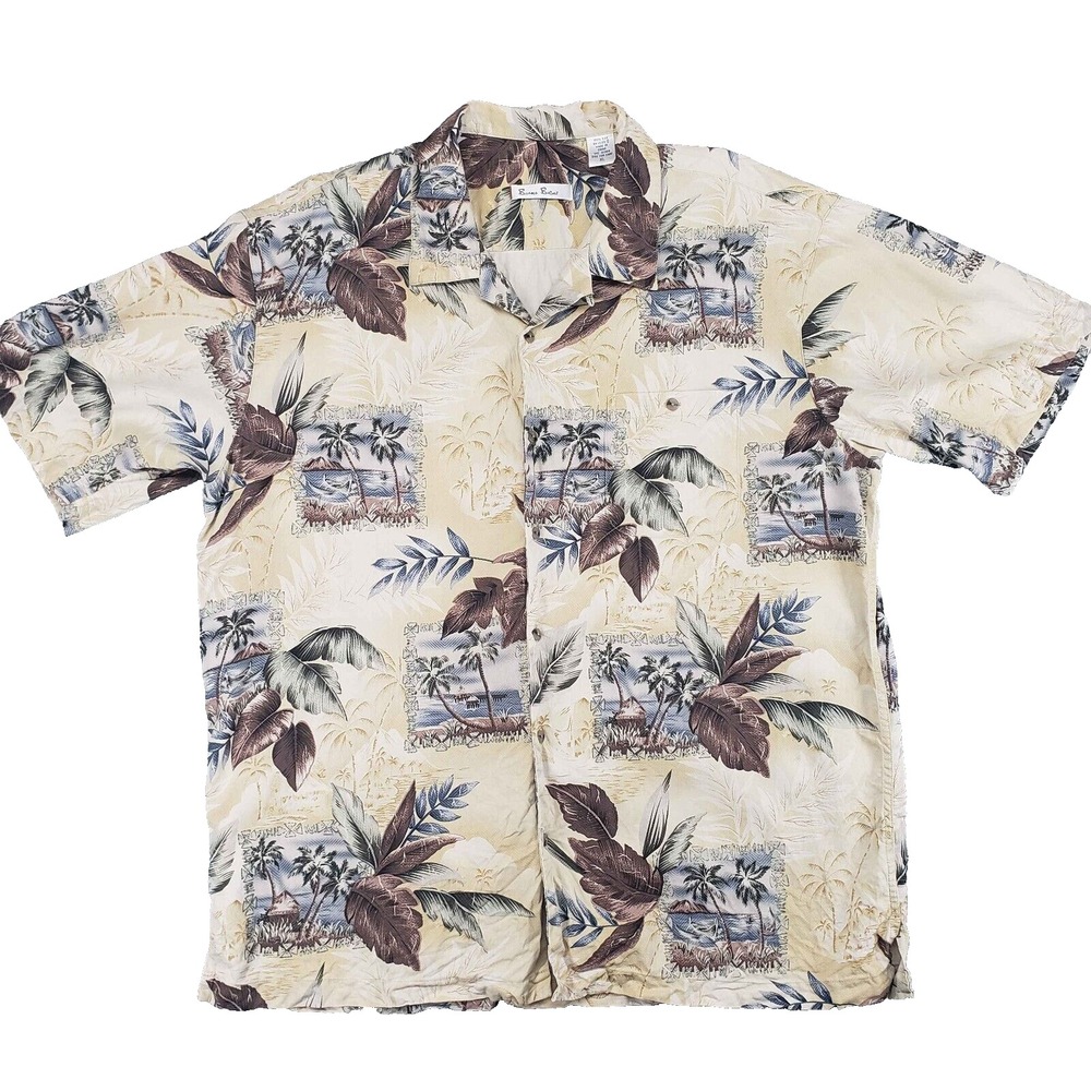 Burma Bibas Silk Camp Shirt Mens XL Tan Tropical Island Print Vintage Vacation